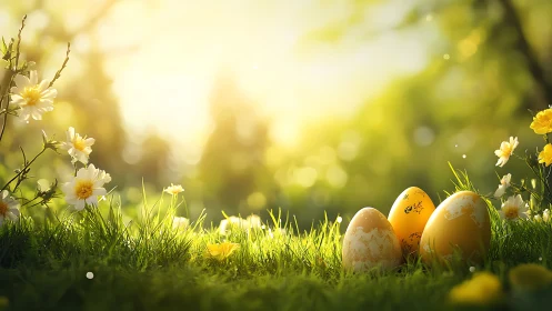 Yellow eggs rest in bright grass under strong backlight