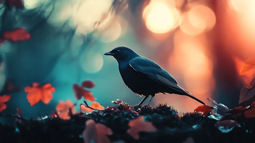 Blackbird Perched in Autumn Forest, Vibrant Bokeh Photography.