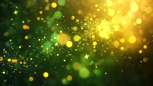 Green and yellow bokeh light particles on dark gradient field.