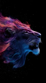 Cosmic lion head roars in neon galaxies on black void
