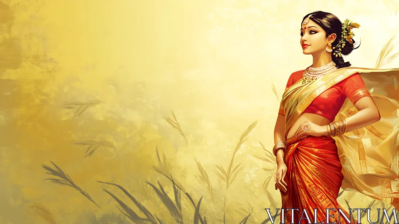 Elegant Indian Woman in Traditional Saree, Digital Art Portrait.