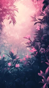 Luminous pink forest glade with dreamy floral foliage.