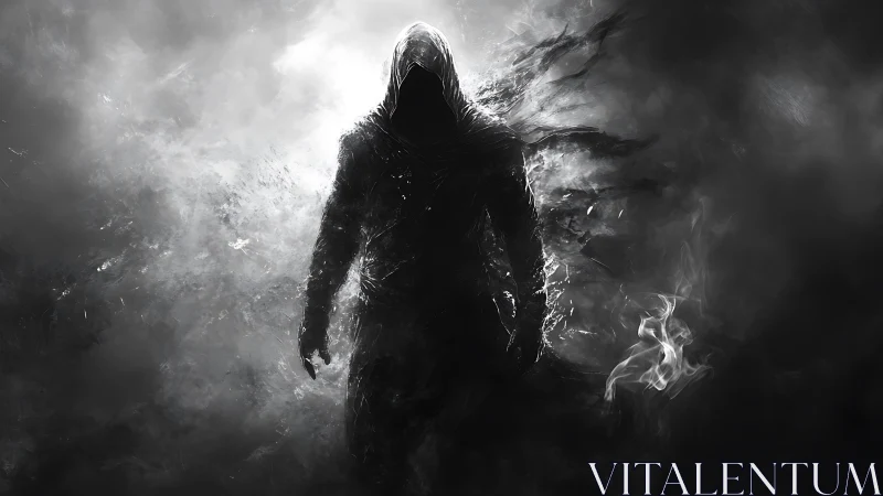 Monochrome hooded wraith rendered in cinematic chiaroscuro digital painting.