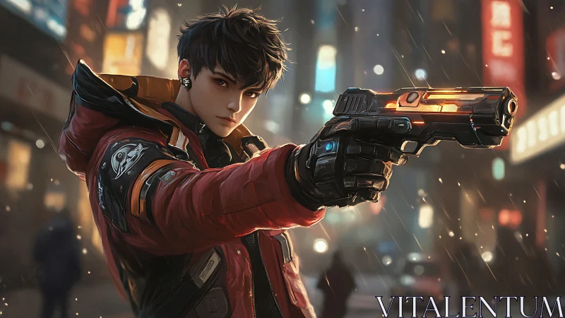 Nightfall gunslinger in neon rain, poised between choices.