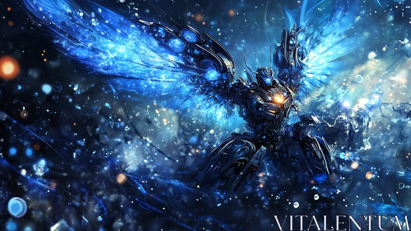 Celestial mech angel erupting in luminous blue shards.