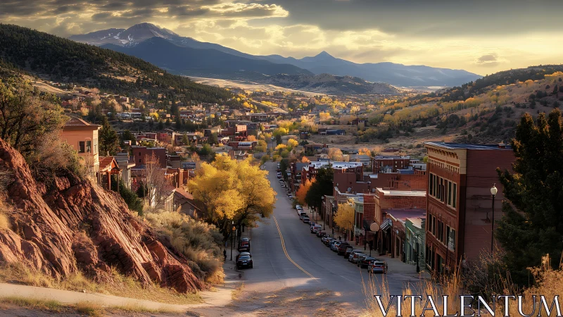 Golden hour settles gently over a quiet mountain town street