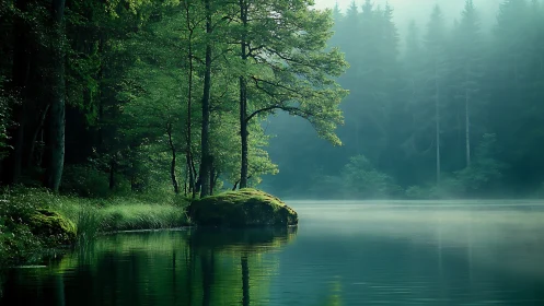 Misty Forest Lake Sanctuary Illuminated by Soft Luminescence.
