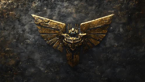 Golden mech-winged emblem glows on dark textured wall.