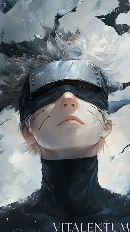 Mysterious masked warrior rests calmly in drifting light