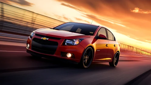 Red Chevrolet compact car driving fast on highway at sunset.