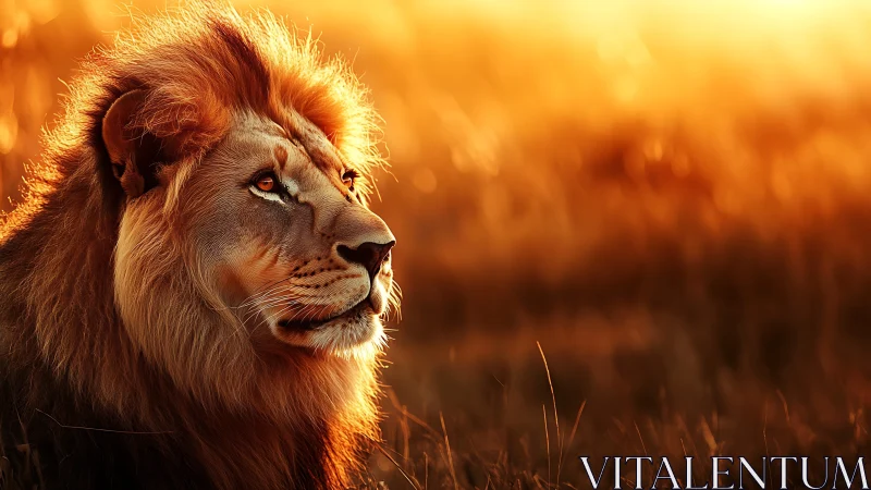 Regal lion studies the glowing savanna in golden sunset light