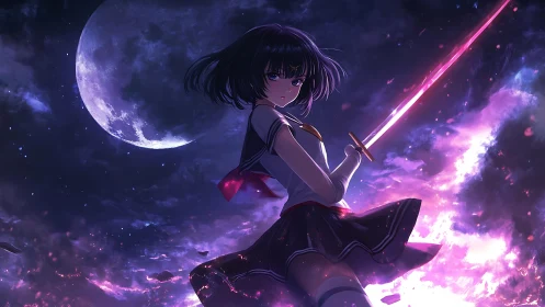 Moonlit schoolgirl warrior carving starlight with neon blade.