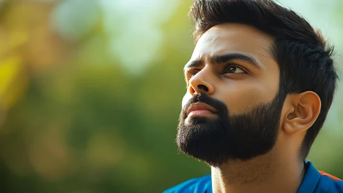 Sunlit gaze of a focused bearded athlete in quiet resolve.