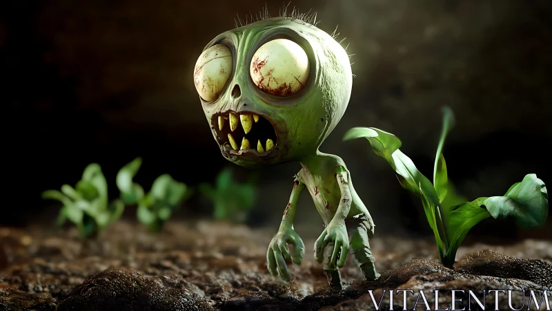 Grotesque sprout zombie stalks seedlings in damp soil.