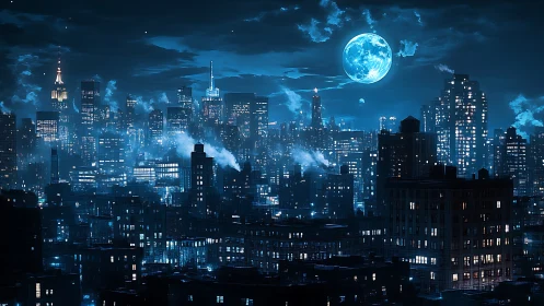 Cyberpunk nocturne skyline with luminous full-moon backlight.
