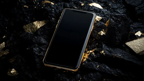 Luxury smartphone with gold trim on textured black ore field.
