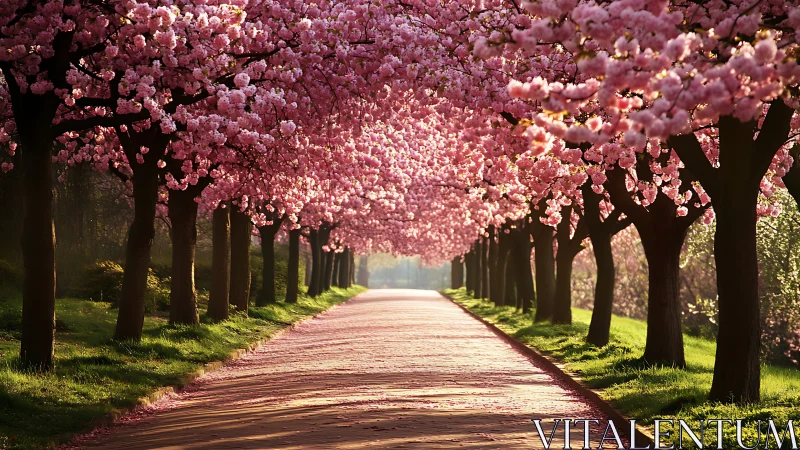 Cherry blossom avenue glows under warm sunrise light.