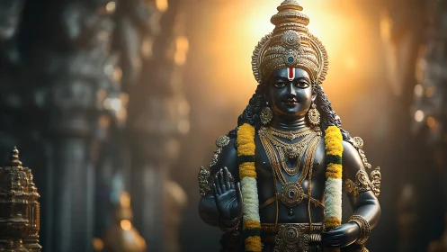 Divine black stone deity greets dawn with molten gold light