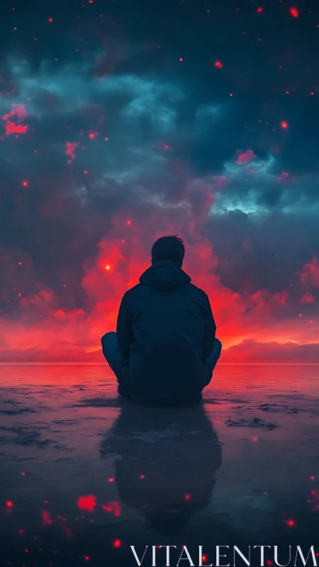 Solitary figure at red shoreline under glowing night sky.