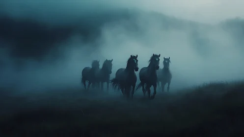 Wild horses emerge through dense blue twilight fog