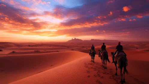 Camel riders crossing red desert dunes at vivid sunset.