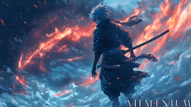 Sword-wielding warrior walks through storm of fire and ice.