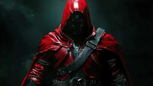 Red-hooded armored sentinel under dramatic low-key lighting.