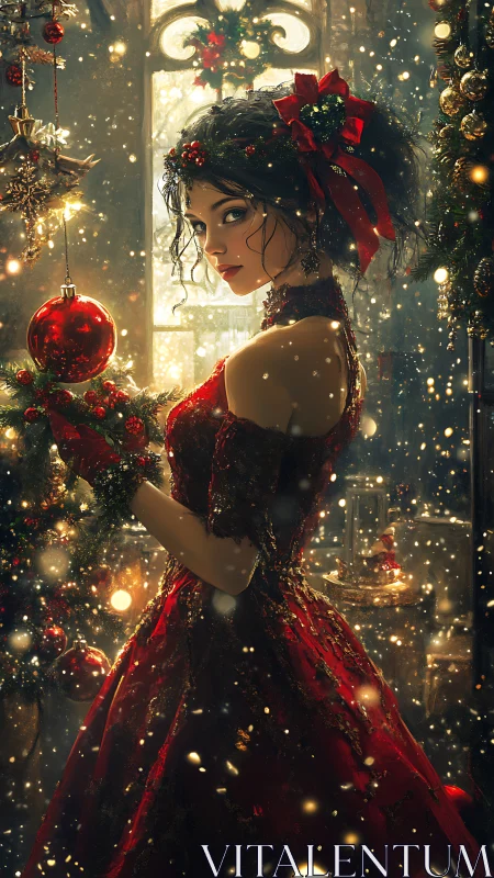Yuletide enchantress in scarlet gown among drifting golden snow.