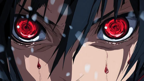 Close-up of red spiral eyes and blood tears in snowfall.