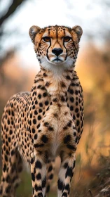 Cheetah standing alert in warm backlit savanna portrait.