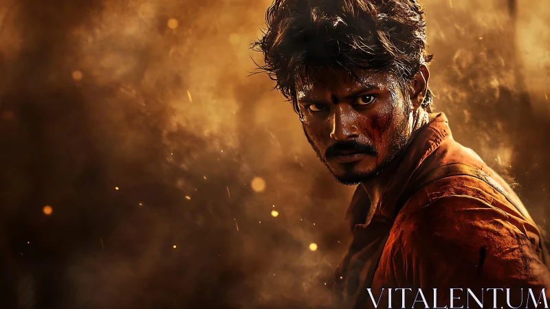 Man with bloodied face in dense orange smoke environment.