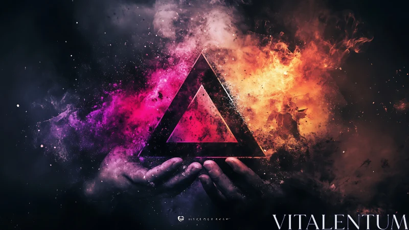 Glowing triangle held in hands amid vibrant cosmic clouds.