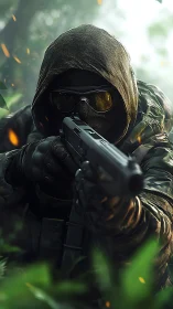 Hooded tactical soldier aiming handgun in forest scene.
