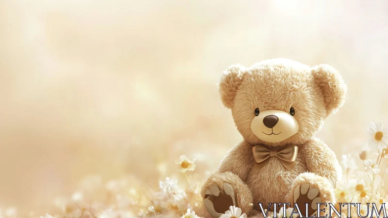 Soft-focus plush teddy bear rendered in warm pastel lighting