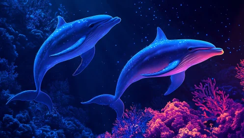 Neon blue dolphins swimming over glowing coral reef scene.