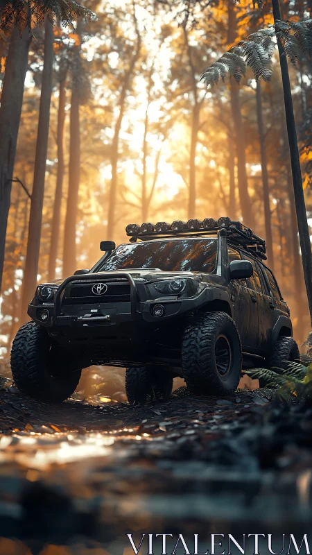 Off-road Toyota SUV stands on muddy forest trail at sunrise