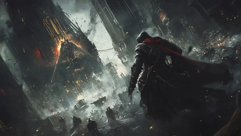 Cloaked vigilante in burning dystopian cityscape composition.