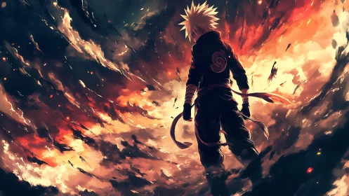 Lone anime warrior confronts a burning, storm-wracked sky