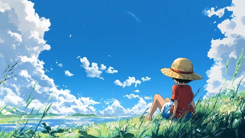 Summer sky stretches above child resting in green field.