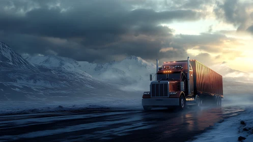 Photorealistic semi-truck on icy mountain highway at dawn.