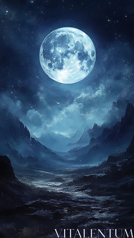 Moonlit river of frost quietly carves through spectral peaks