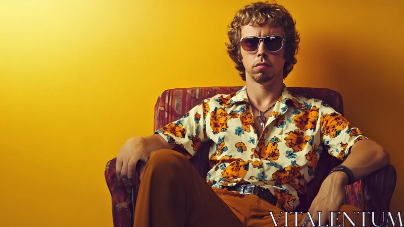 Retro cool lounge portrait in bold floral and golden tones.