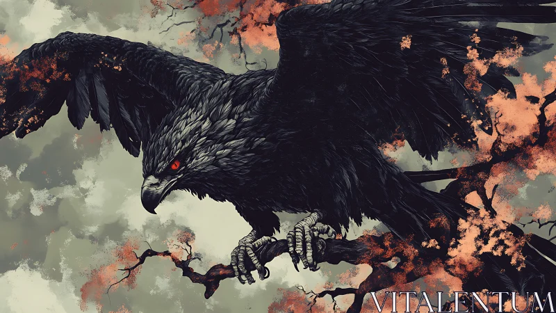 Majestic black raven on branch, fantasy digital painting style.
