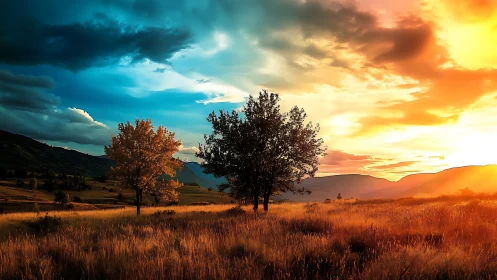Sunset landscape with trees and vivid contrasting sky.