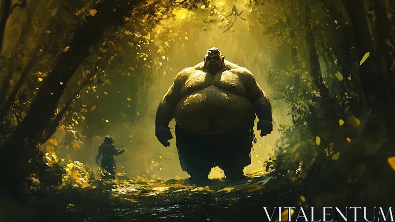 Giant warrior confronts a lone traveler in misty golden forest