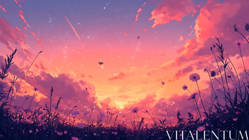 Wildflower silhouettes under sherbet nebula sunset skies.