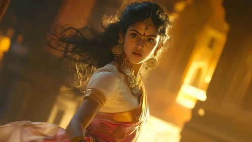 Woman in traditional attire turns in warm dramatic light