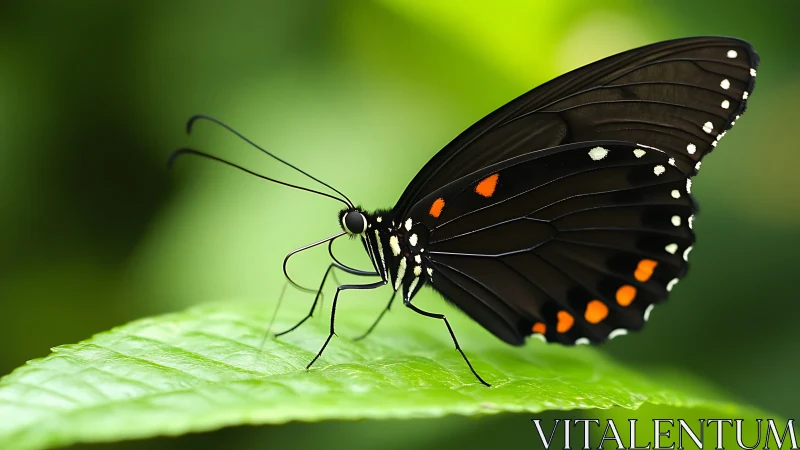 Graceful black butterfly rests gently on a fresh green leaf