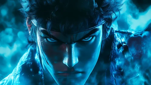 Blue-lit warrior glare dominates intense close portrait.
