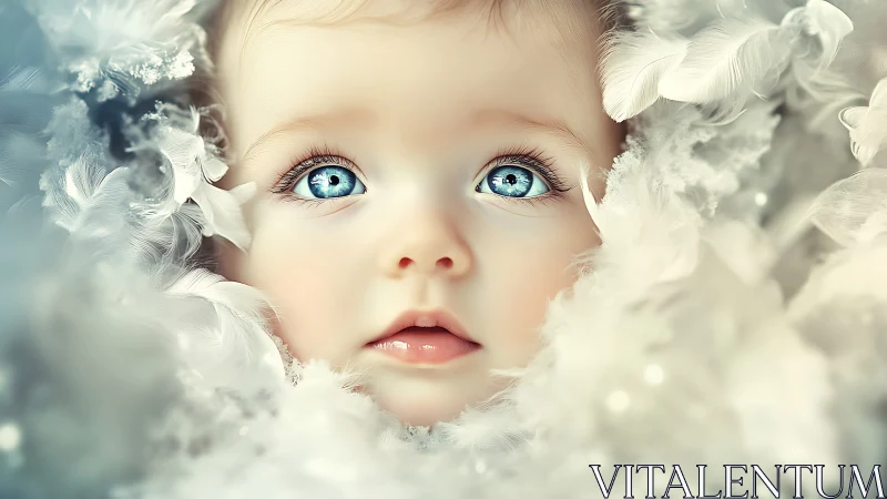 Digital portrait of pale infant with bright blue eyes surrounded by white feathers